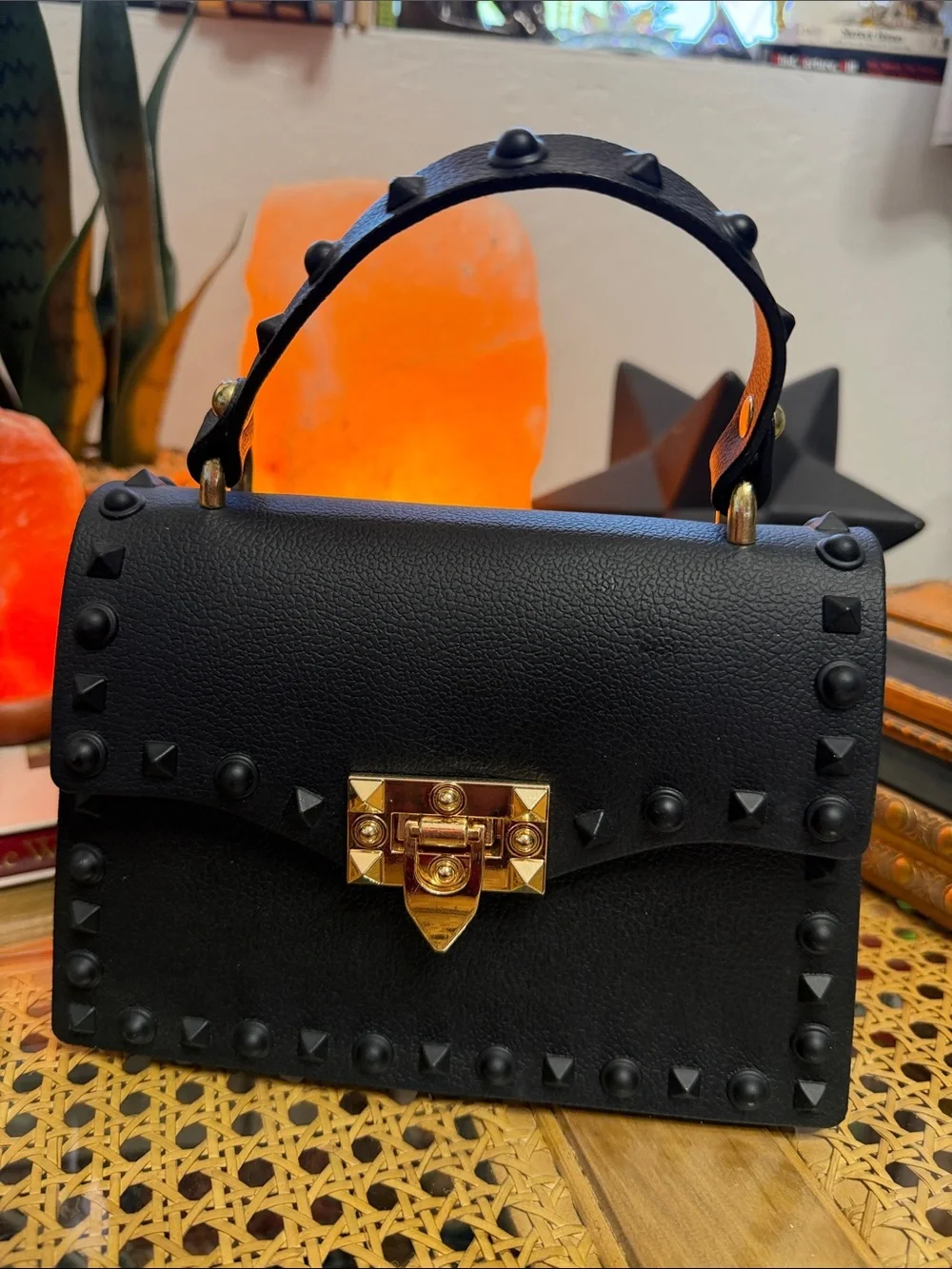 Black Studded Top Handle Satchel Purse Gold Turn Lock Rockstud Style